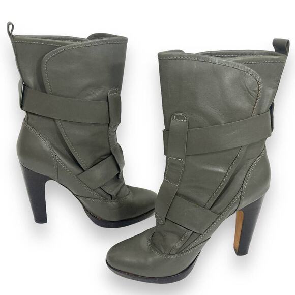 Dolce Vita mid calf boot, gray leather buckle strap high heel platform 6 bootie - Picture 4 of 11
